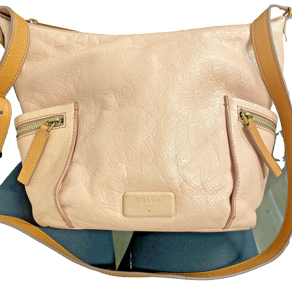 FOSSIL EMERSON Purse Blush Rose & Tan Leather Crossbody Bag Zips Pockets Boho - Picture 10 of 10